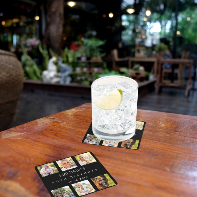 Porta-copo De Papel Quadrado Festa de aniversário de colagem de fotos pretas (Criador carregado)