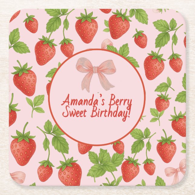 Porta-copo De Papel Quadrado Festa de Aniversário de criança de Morango - (Frente)