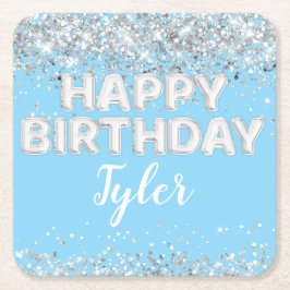 Porta-copo De Papel Quadrado Festa de aniversário de Prata Azul Claro