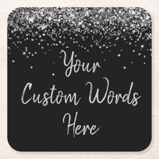 Porta-copo De Papel Quadrado Festa de aniversário de Prata Preta Personalizada  (Frente)
