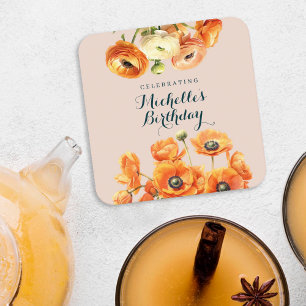 Porta-copo De Papel Quadrado Festa de aniversário Floral Russo Laranja Cor-de-R