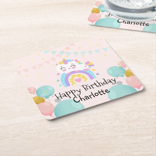 Porta-copo De Papel Quadrado Festa de aniversário mágica de gradiente arco-íris (Inclinado)