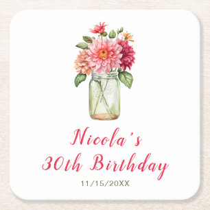 Porta-copo De Papel Quadrado Festa de aniversário Rosa Dahlias Mason Jar