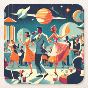 Porta-copo De Papel Quadrado Festa de Cocktail da Era Espacial de Meados do Séc