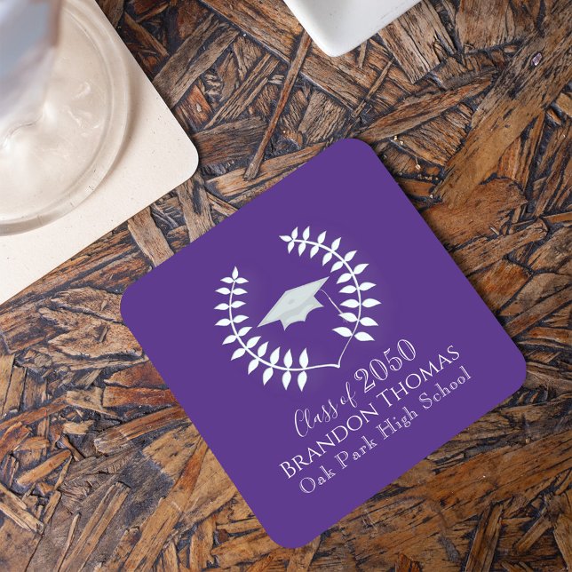 Porta-copo De Papel Quadrado Festa de formatura Púrpura Clássica Personalizada (Purple graduation party paper coaster. )