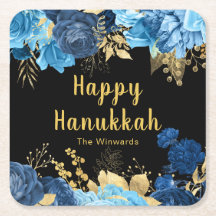 Festa de Hanukkah Flores Elegantes em Azul e Doura