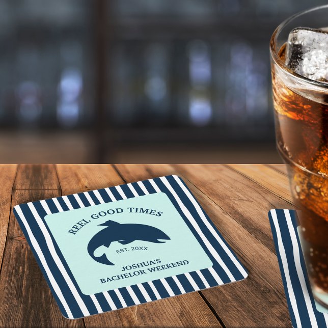 Porta-copo De Papel Quadrado Festa de Marinho de Pesca Belga Bons Tempos (Fishing Navy Bachelor Party Reel Good Times Square Paper Coaster)