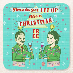 Porta-copo De Papel Quadrado Festa de Natal engraçada Feriado de Bebendo Retro