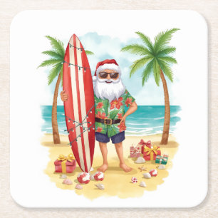 Porta-copo De Papel Quadrado Festa de Natal na Praia com Surf e Papai Noel