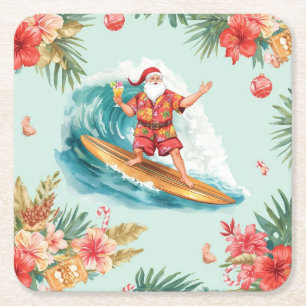Porta-copo De Papel Quadrado Festa de Natal na Praia com Surf e Papai Noel Quad