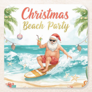 Porta-copo De Papel Quadrado Festa de Natal na Praia com Surf e Papai Noel Quad
