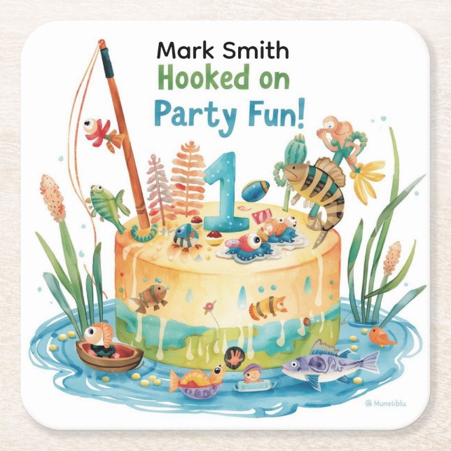 Porta-copo De Papel Quadrado Festa de primeiro aniversario de Pesca com Design  (Frente)