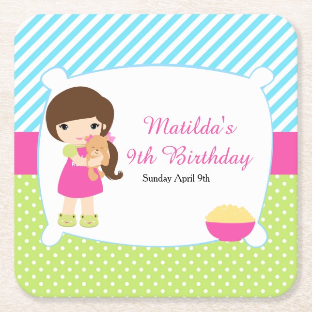 Porta-copo De Papel Quadrado Festa de Sleepover de Brunette Girl (Frente)