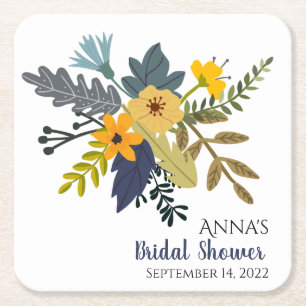 Porta-copo De Papel Quadrado Festa Dourada, azul, buquê roxo das flores de verã