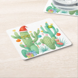 Porta-copo De Papel Quadrado Festivo Natal Cactus com Papai Noel e Ornamento