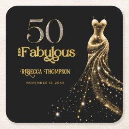 Porta-copo De Papel Quadrado Fifty and Fabulous Gold Dress Black 50th Birthday
