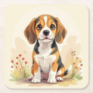 Porta-copo De Papel Quadrado Filhote de Beagle Tricolor Preto, Marrom e Branco