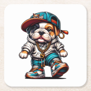 Porta-copo De Papel Quadrado Filhote de Bulldog Fofo com Roupa de Streetwear