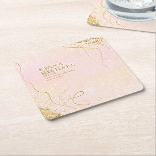 Porta-copo De Papel Quadrado Fine Lines Dourado Abstrato Wedding V1 Blush ID867