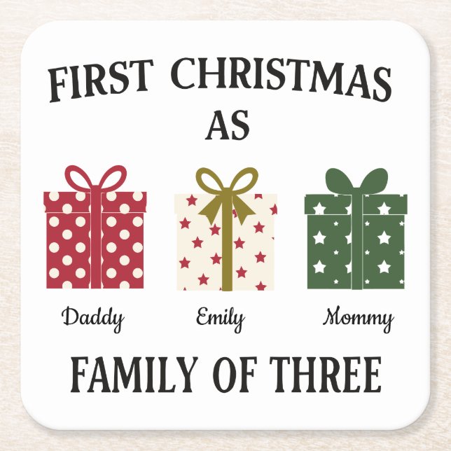 Porta-copo De Papel Quadrado First Christmas as Family of Three Gift (Frente)
