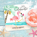Porta-copo De Papel Quadrado Flamingo Beach Cocktail Palm Tropical Birday<br><div class="desc">Portas copos festivas de papel de aniversário apresentam um flamingo cor-de-rosa na praia desfrutando de um coquetel tropical ao lado de uma palmeira com uma legenda de "celebração de vamos" em uma escrita manual casual moderna. Arte por KL Stock</div>