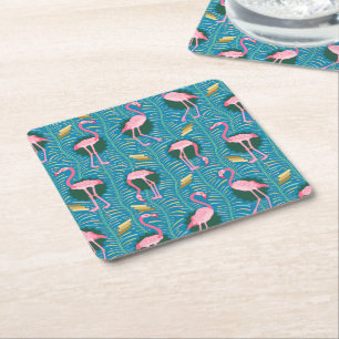 Porta-copo De Papel Quadrado Flamingo Birds 20s Deco Ferns Padrão Azul Dourado