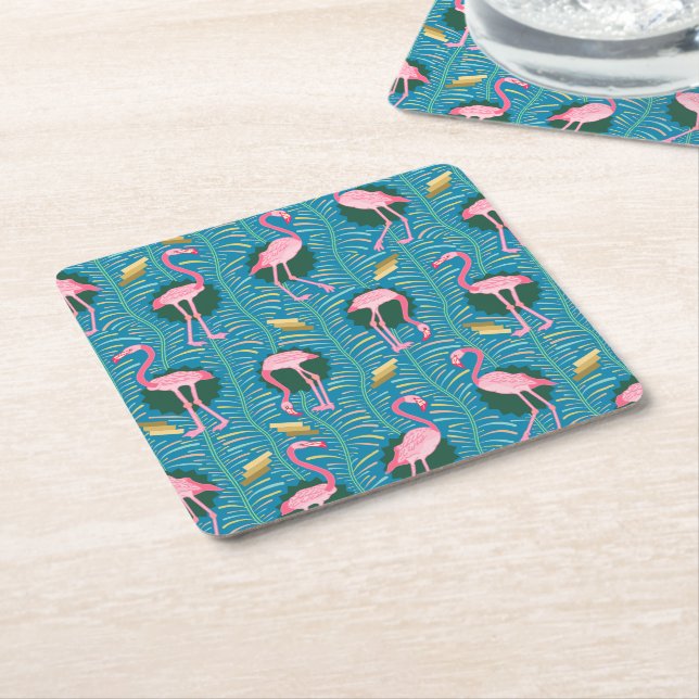 Porta-copo De Papel Quadrado Flamingo Birds 20s Deco Ferns Padrão Azul Dourado (Inclinado)