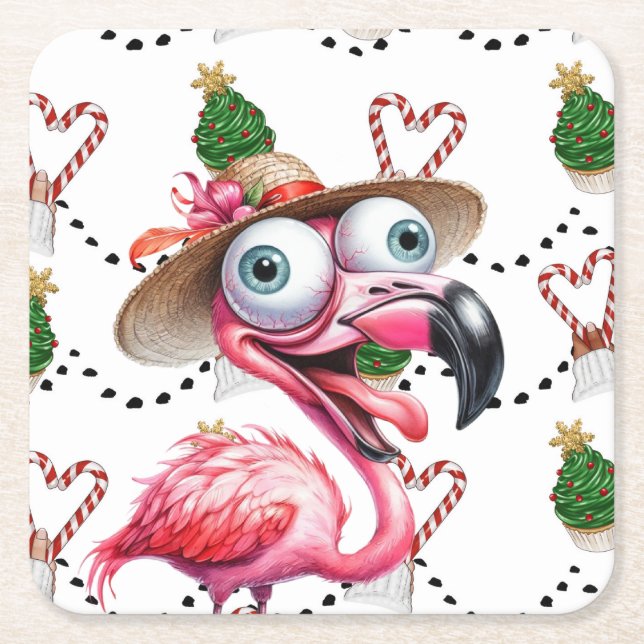 Porta-copo De Papel Quadrado Flamingo Christmas Themed (Frente)