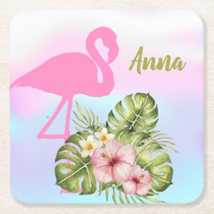 Porta-copo De Papel Quadrado Flamingo Hibiscus Rosa Holographic