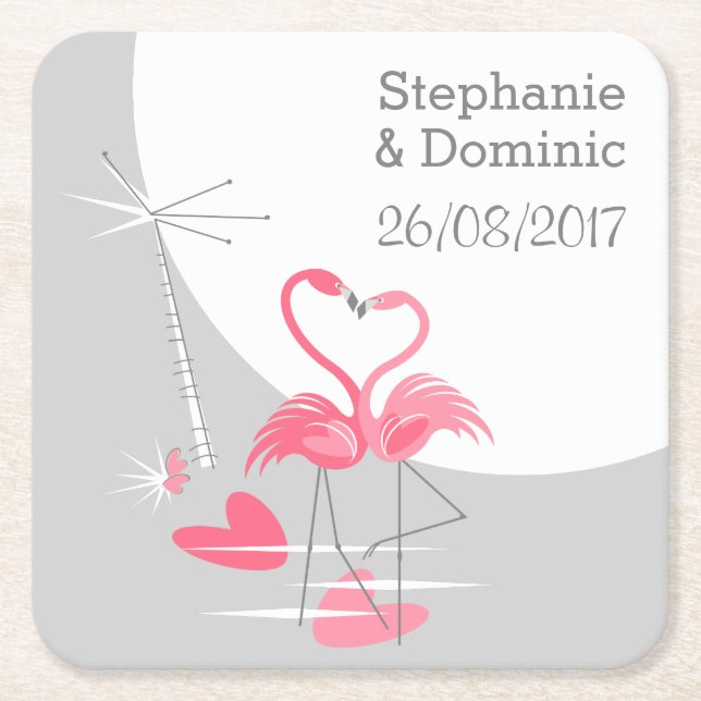 Porta-copo De Papel Quadrado Flamingo Love Large Moon Names Date Square (Frente)