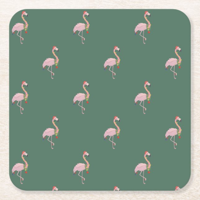 Porta-copo De Papel Quadrado Flamingo Rosa Adorável Com Chapéu Santa, Verde (Frente)