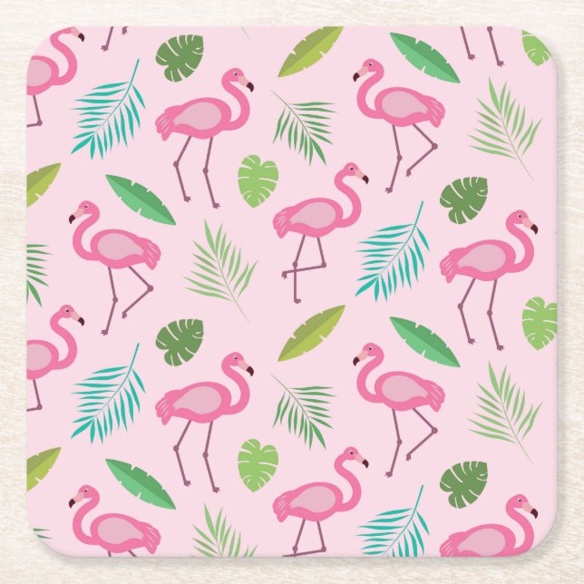 Porta-copo De Papel Quadrado Flamingo rosa com padrão de folhas tropicais (Frente)