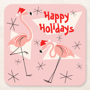 Porta-copo De Papel Quadrado Flamingo Santas Pink Happy Holidays