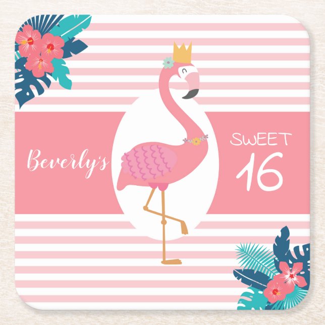 Porta-copo De Papel Quadrado Flamingo tropical rosa e azul floral 16º (Frente)
