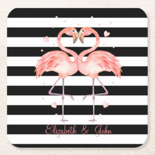 Porta-copo De Papel Quadrado Flamingos Bonitos Apaixonados, Stripes Brancas Pre