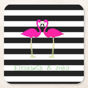 Porta-copo De Papel Quadrado Flamingos cor-de-rosa, listras brancas pretas,