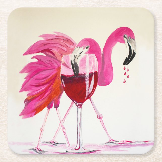 Porta-copo De Papel Quadrado Flamingos em vinho tinto (Frente)