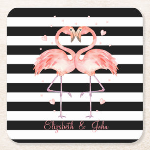 Porta-copo De Papel Quadrado Flamingos Fofos Apaixonados ,Listras Pretas e Bran
