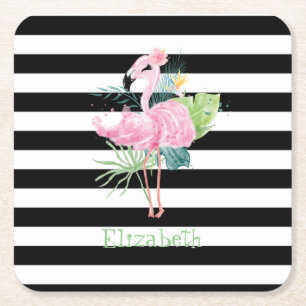 Porta-copo De Papel Quadrado Flamingos Rosa, Folhas Tropicais, Listras Pretas e