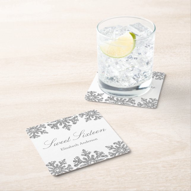 Porta-copo De Papel Quadrado Floco de neve prateado Winter Sweet 16 (Insitu)