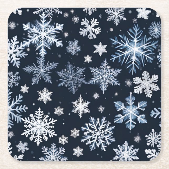 Porta-copo De Papel Quadrado Flocos de neve Design azul-de-inverno (Frente)