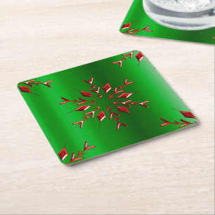 Porta-copo De Papel Quadrado Flocos de neve vermelhos no Natal verde