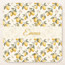 Porta-copo De Papel Quadrado Flor de Limão Vintage – Cítrico Botânico Elegante