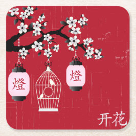 Porta-copo De Papel Quadrado "Flor" e pássaro numa gaiola vermelha