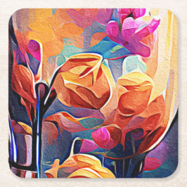 Porta-copo De Papel Quadrado Floral Abstrato Art Laranja Vermelho Azul Flores