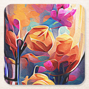 Porta-copo De Papel Quadrado Floral Abstrato Art Laranja Vermelho Azul Flores