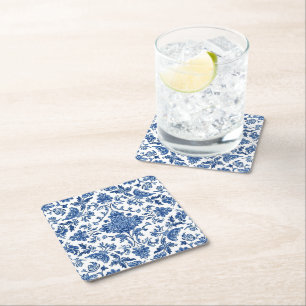 Porta-copo De Papel Quadrado Floral Azul Chinoiserie Aquarela Branca