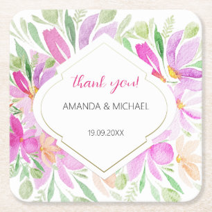 Porta-copo De Papel Quadrado Floral Boho Aquarela Moderna Fofa Rosa