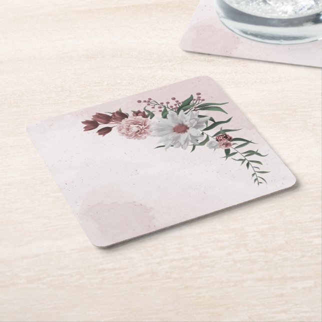 Porta-copo De Papel Quadrado floral branco rosa de canela rosa (Inclinado)