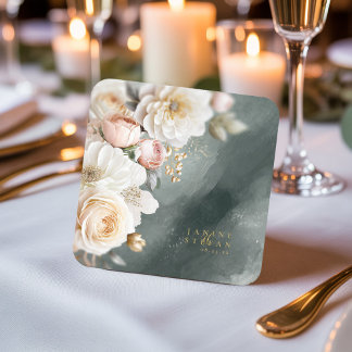 Porta-copo De Papel Quadrado Floral Drama Wedding Green ID1022